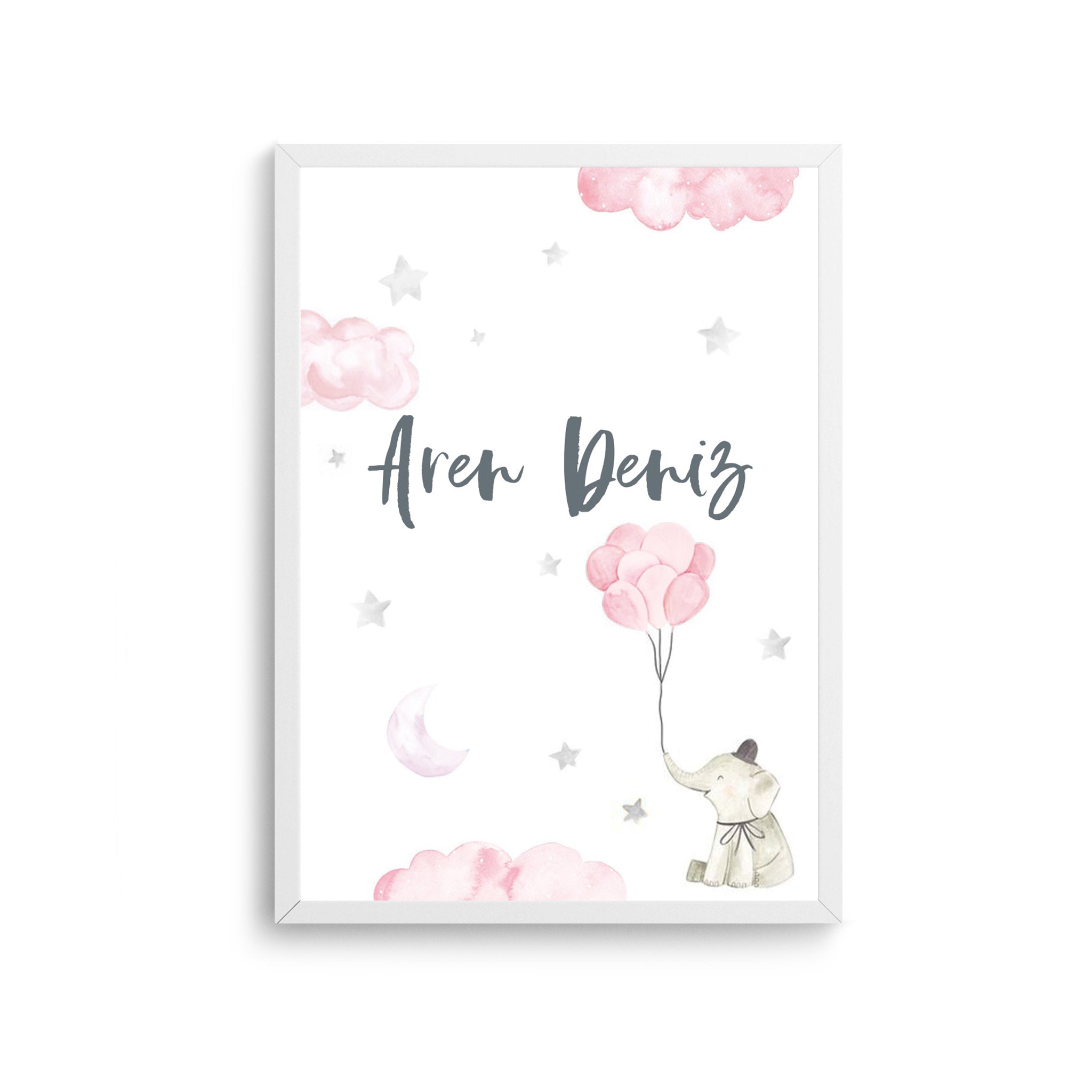 Custom Name Watercolor Elephant & Clouds Poster