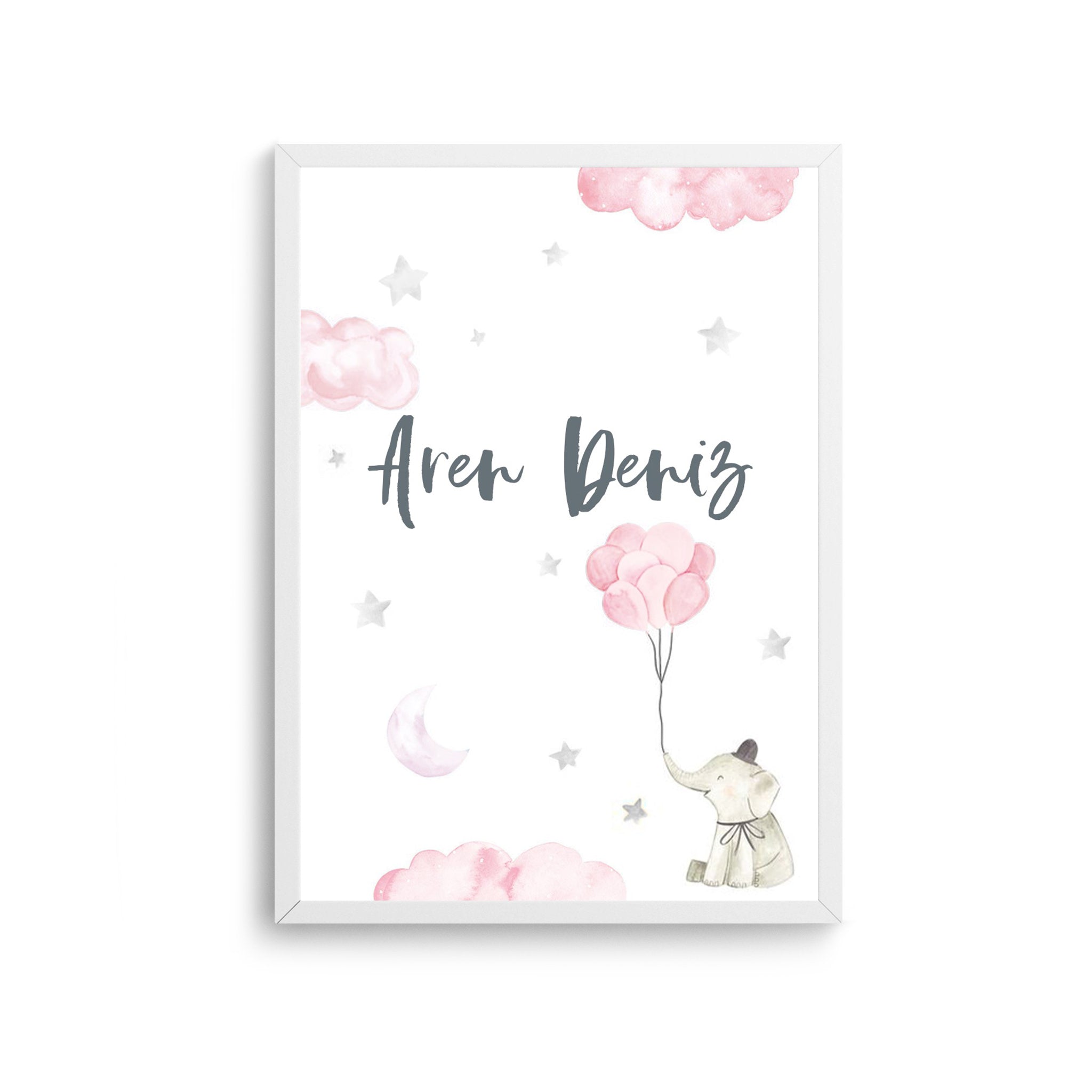 Custom Name Watercolor Elephant &amp; Clouds Poster
